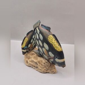 Hand Carved Wood Clown Triggerfish on Coral Coastal Decor Sculpture